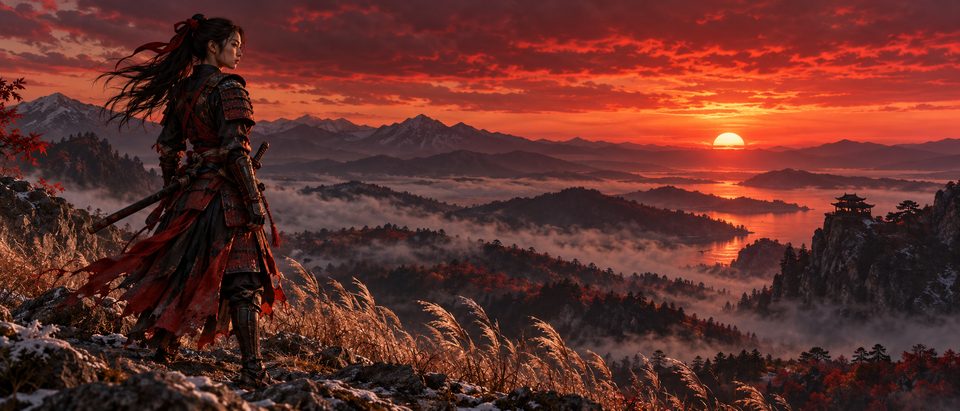 A woman warrior silhouetted against a crimson ridge and open dusk sky.