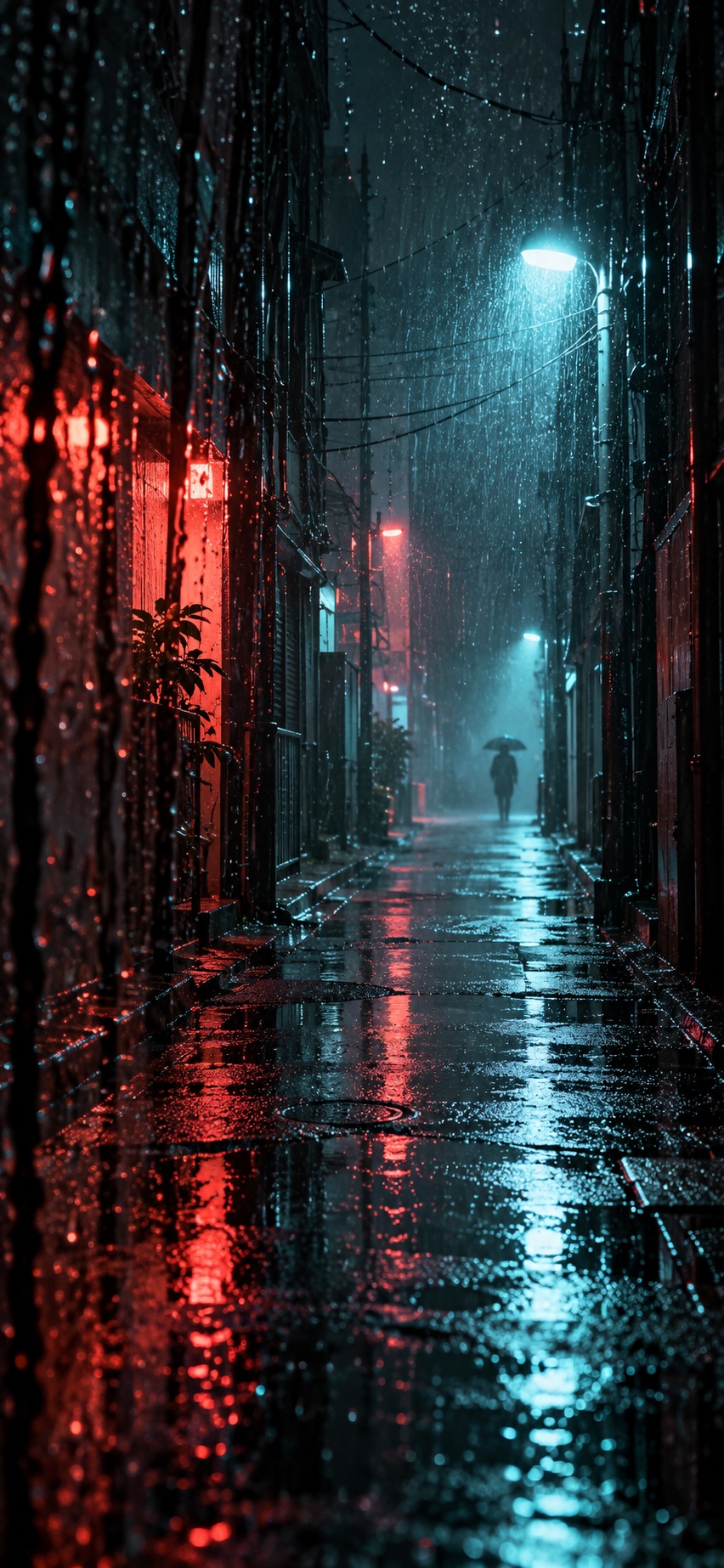A midnight rain alley of red and blue reflections and a distant umbrella.