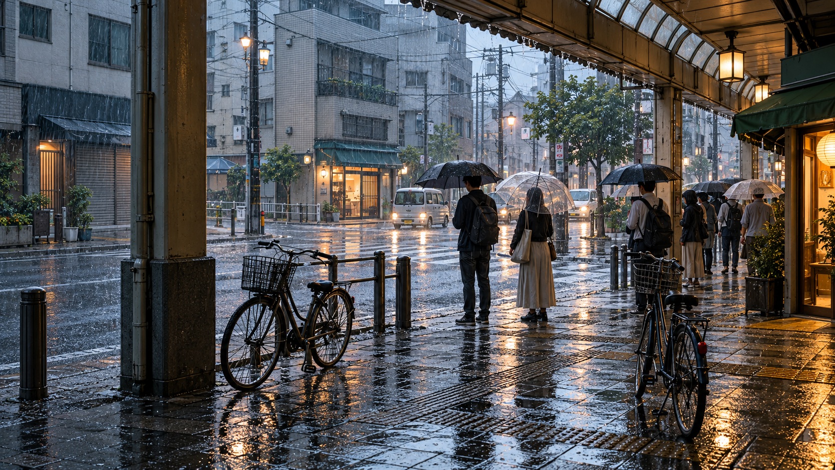 A covered Japanese neighborhood shopping arcade looks onto a rain-soaked intersection where pedestrians wait with umbrellas beside bicycles under cool storm light.