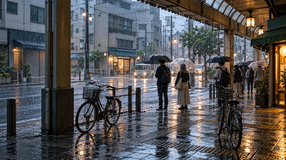A covered Japanese neighborhood shopping arcade looks onto a rain-soaked intersection where pedestrians wait with umbrellas beside bicycles under cool storm light.