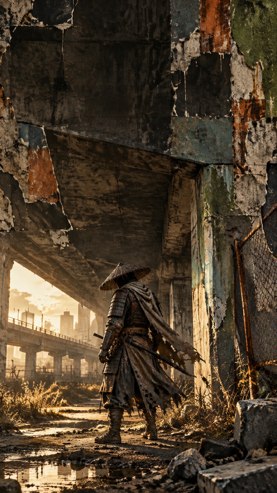 Anonymous armored samurai beneath a concrete overpass surrounded by torn washi, stencil fragments, spray paint and worn industrial textures.