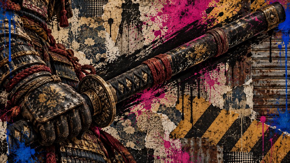 An armored samurai hand and sheathed katana crossing torn paper, shutter stencils and bright painted marks.