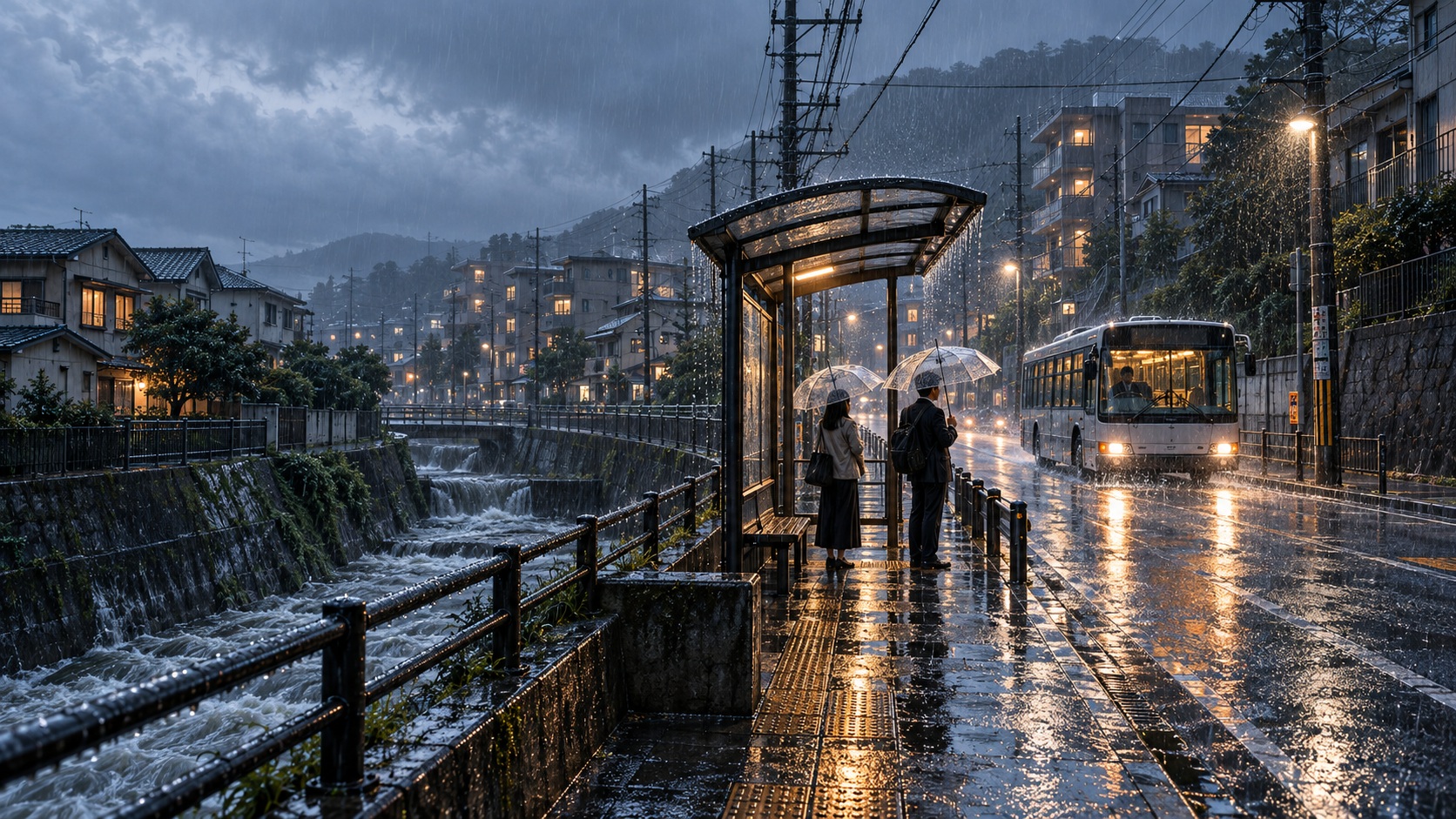 A rainy Japanese neighborhood bus stop beside a concrete canal, with two commuters under clear umbrellas and a city bus approaching through wet evening streets.