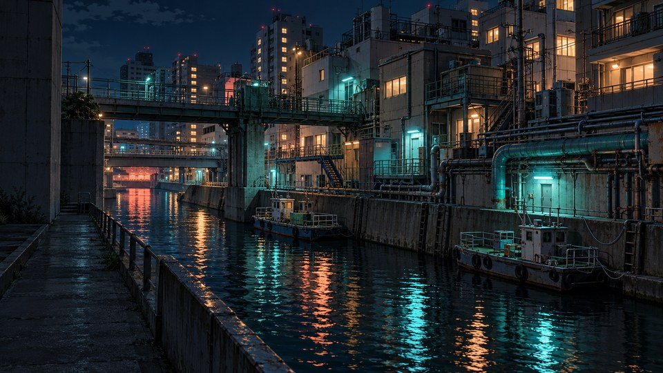 A cel-art Tokyo canal service district at night with maintenance boats, utility bridges, pipes and apartment buildings lit by turquoise and amber light.