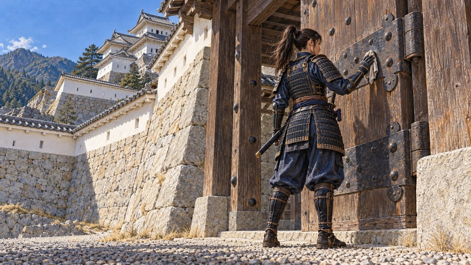An adult Japanese woman warrior in indigo lamellar armor inspects an iron hinge on a massive timber castle gate beside pale stone walls in bright morning sunlight.