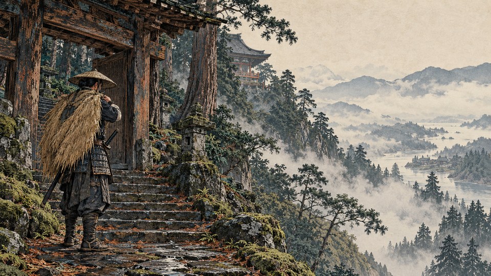 A ronin in worn armor adjusts a straw rain cape beside a cedar gate and damp forest steps leading toward a misty hillside temple.