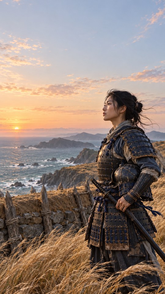 An adult Japanese woman warrior in weathered lamellar armor watches the sea from a windswept coastal earthwork at dawn, shown in side profile with open sky above.