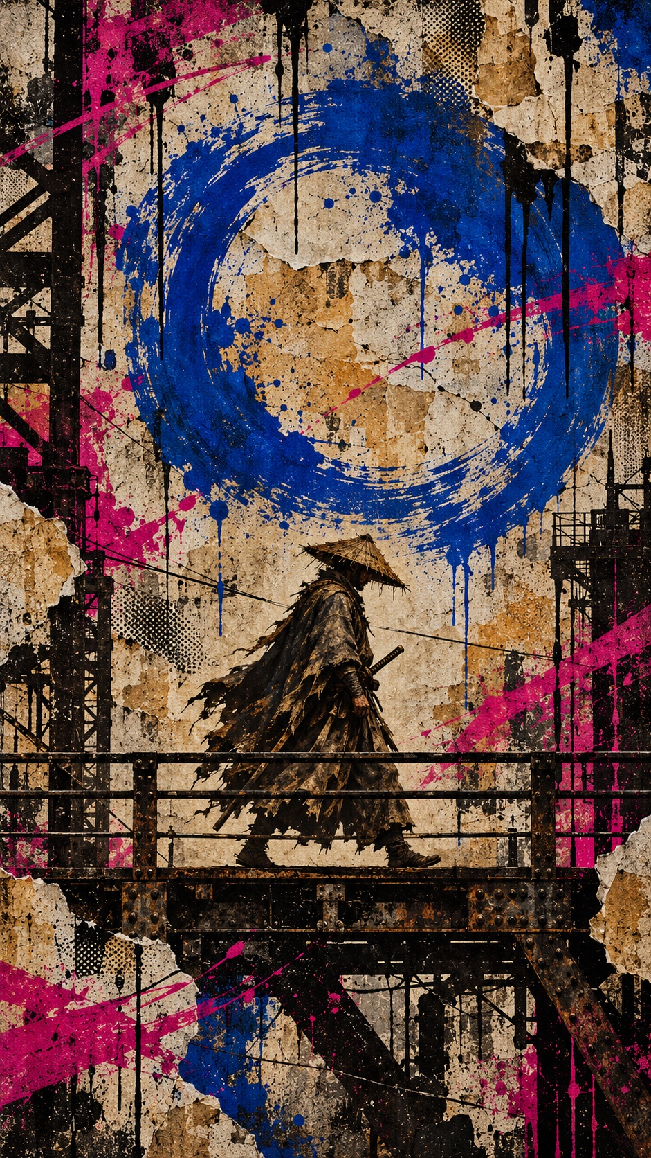 A wandering ronin on an industrial bridge beneath a large cobalt brush circle and paint drips.