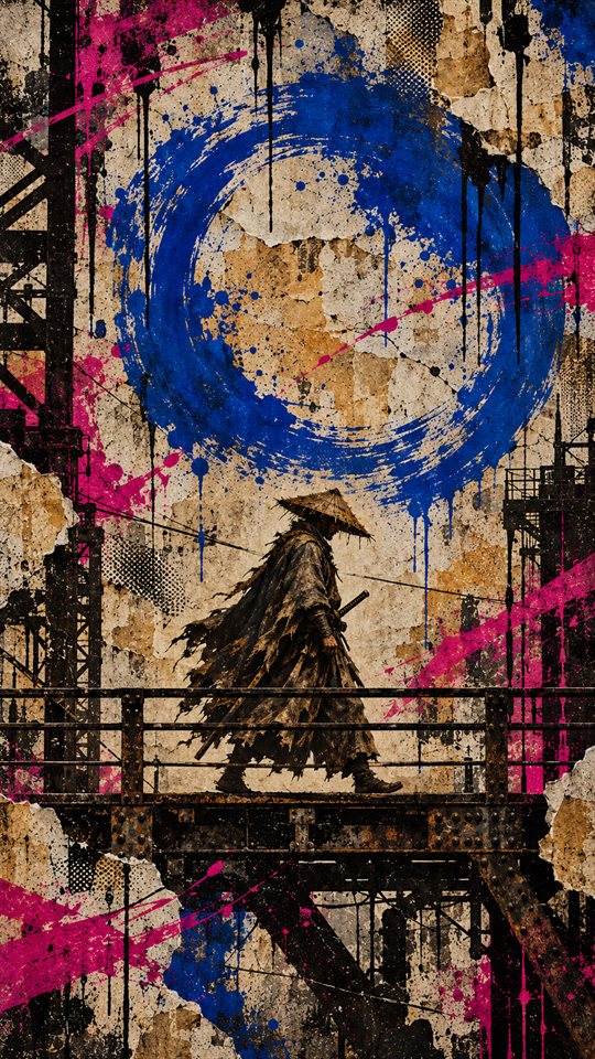 A wandering ronin on an industrial bridge beneath a large cobalt brush circle and paint drips.