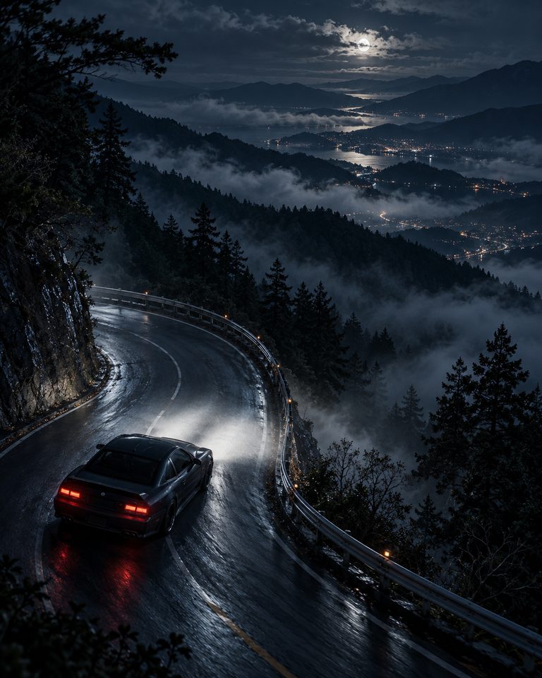 A small car descending a winding mountain road beneath a deep night sky.