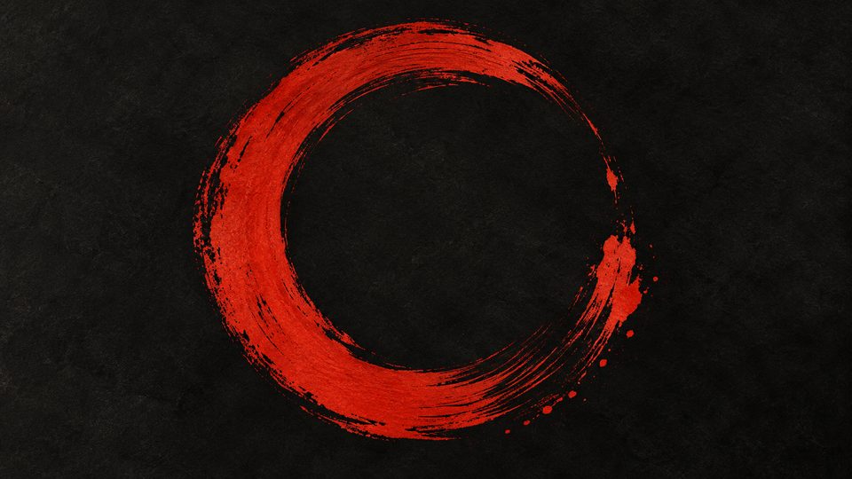 An incomplete vermilion brush circle on a deep charcoal paper field.