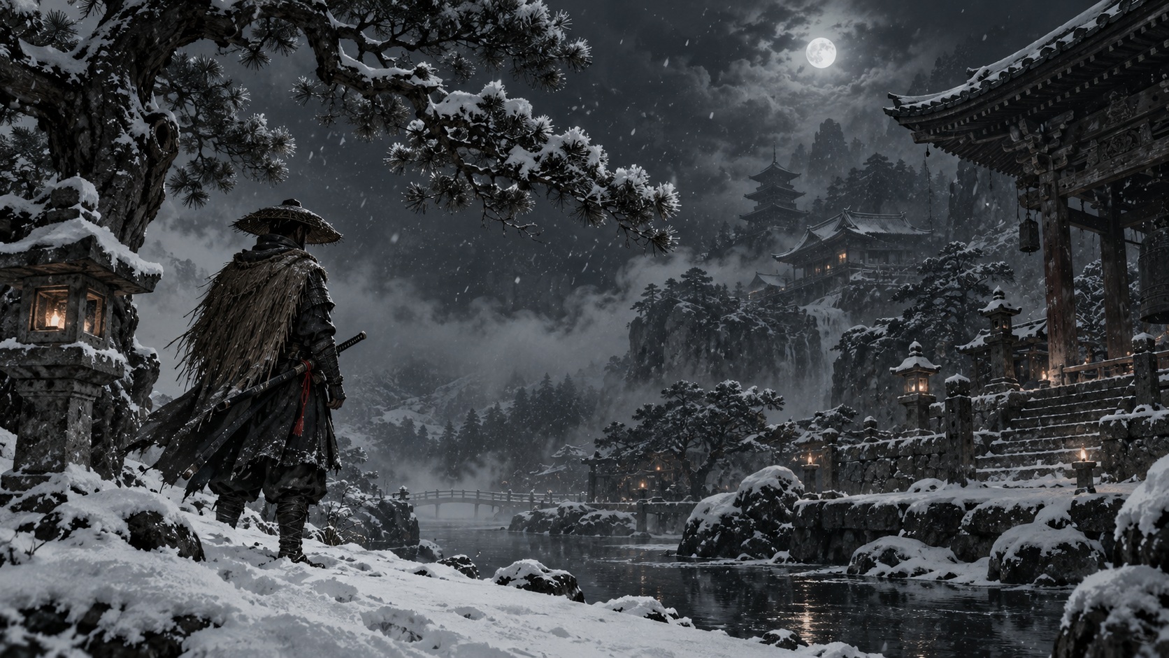 A lone samurai crossing a snowy ink landscape under a cold moon.