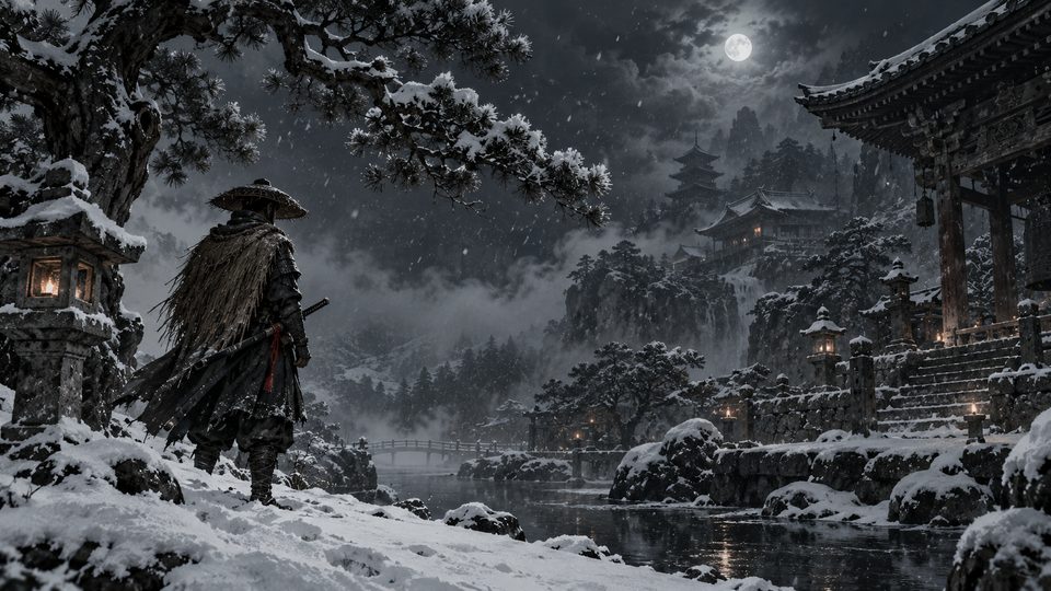 A lone samurai crossing a snowy ink landscape under a cold moon.