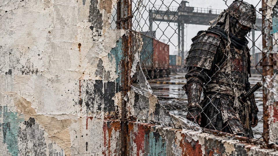 An anonymous samurai in battered armor moves behind chain-link fencing in a deserted freight yard layered with torn washi, spray paint, scraped stencils and weathered industrial textures.