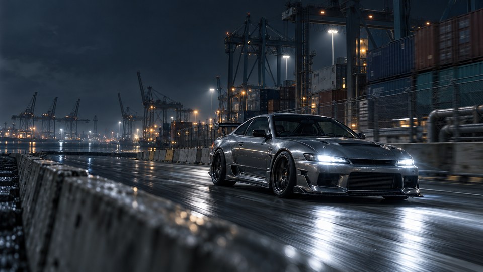 A silver unbranded tuner coupe speeds through a nighttime freight terminal beside stacked containers and cranes, seen from a low angle behind a concrete barrier.