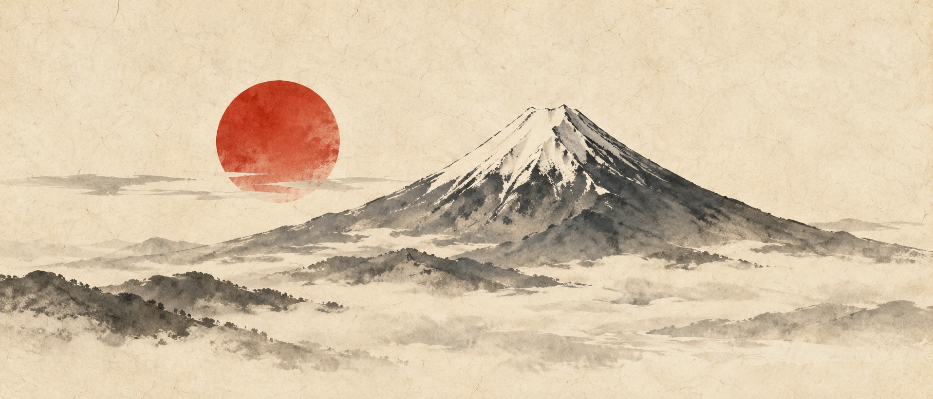 A charcoal mountain silhouette and vermilion sun fading through pale mist.
