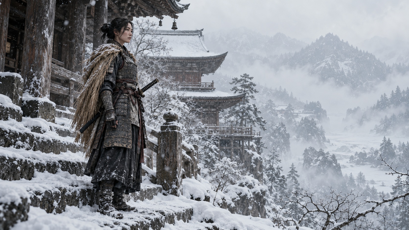 A woman warrior standing before a snowy temple in a restrained winter palette.