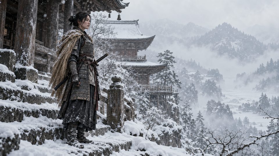 A woman warrior standing before a snowy temple in a restrained winter palette.