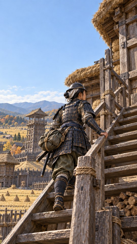An adult Japanese woman warrior in weathered lamellar armor climbs a steep wooden stair beside a fortified rural granary, with straw roofs and pale autumn fields beyond.
