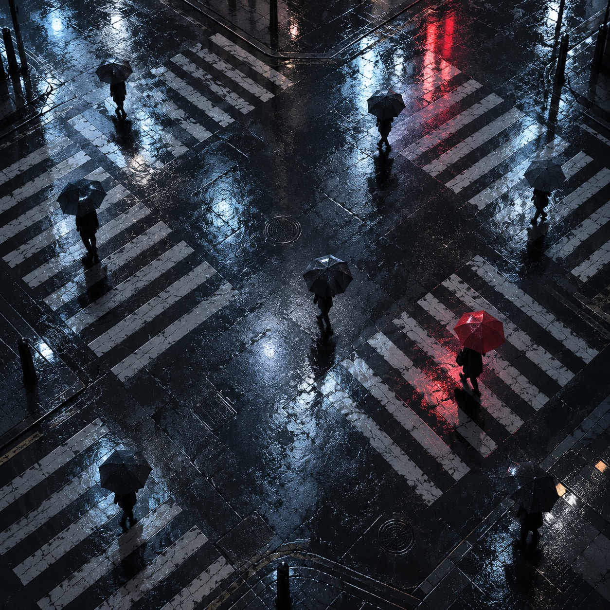 A black umbrella crossing wet stone under warm reflected light and falling leaves.