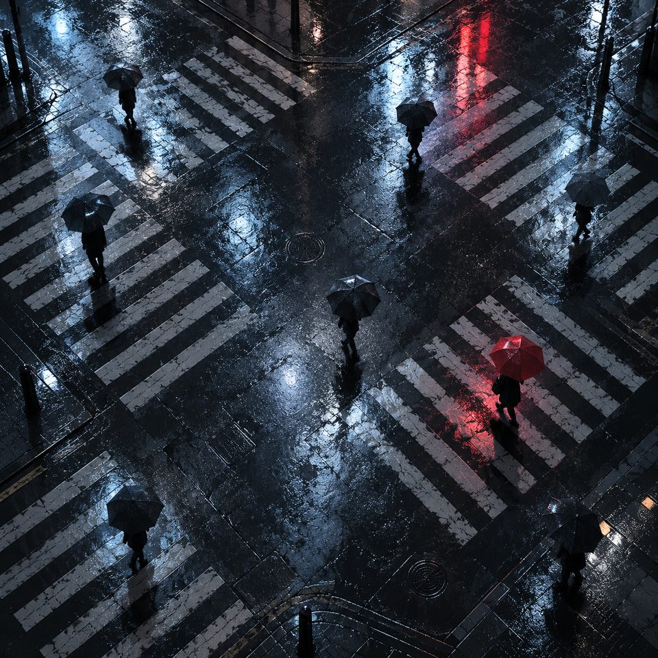 A black umbrella crossing wet stone under warm reflected light and falling leaves.
