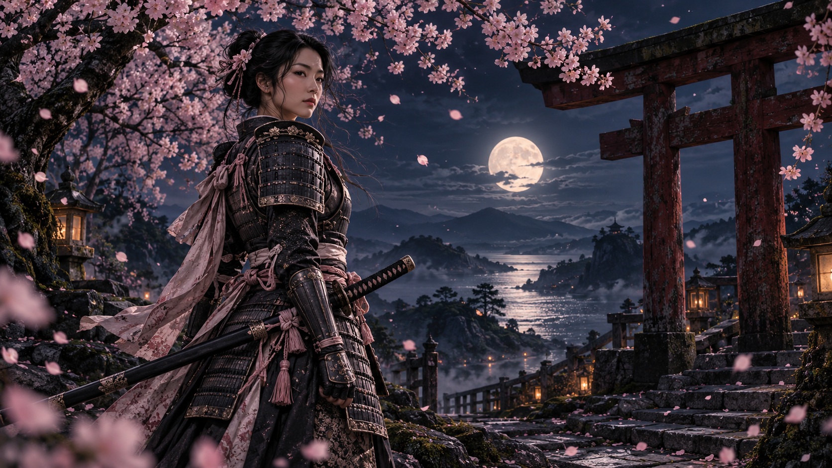 A woman warrior beneath a moon and flowering branches in a quiet night garden.