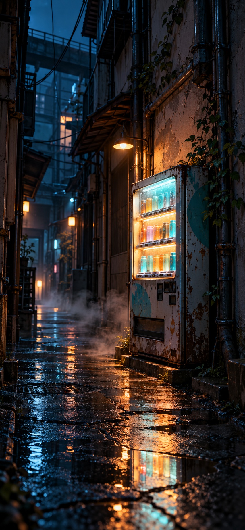 A lone vending machine glowing in a narrow midnight alley.