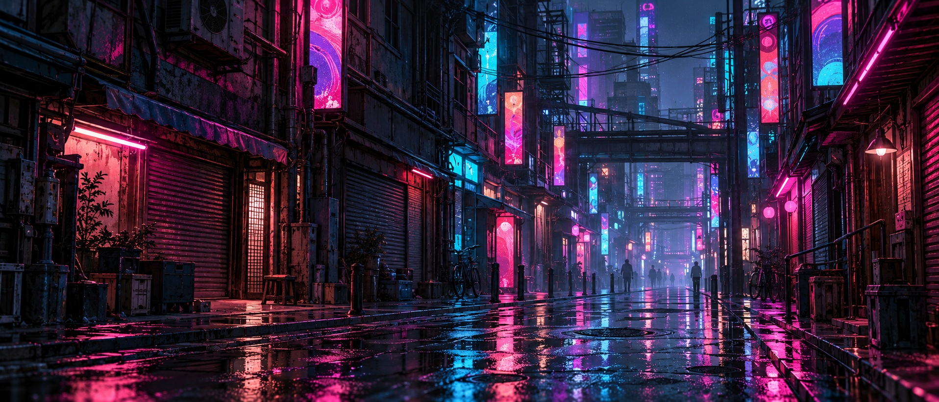 A cyan and magenta night street framed by hard graphic light.