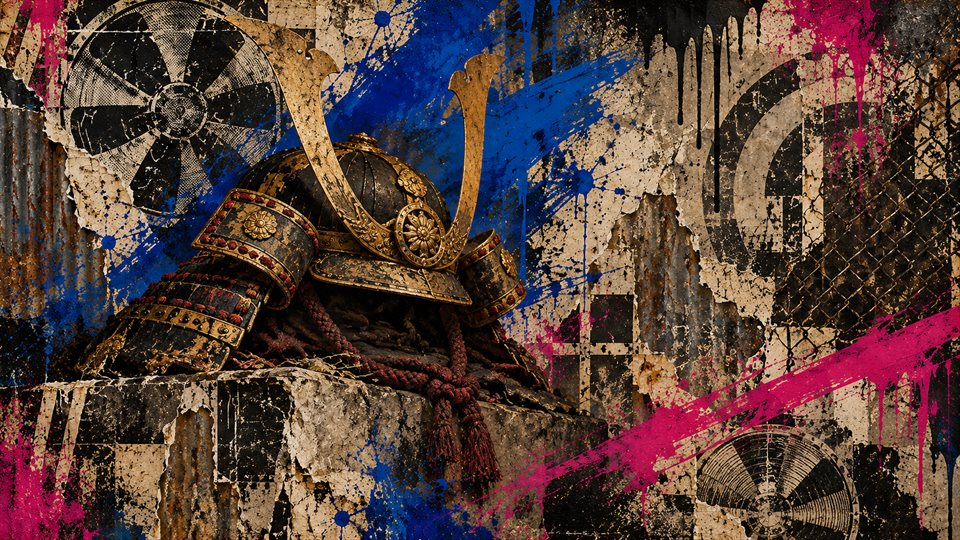 An antique samurai helmet and shoulder armor on concrete amid industrial stencils and vivid worn paint.