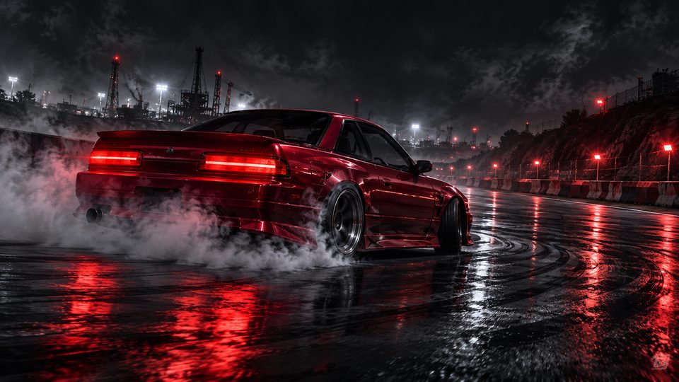 A red drift car emerging through tire smoke on a wet night road.