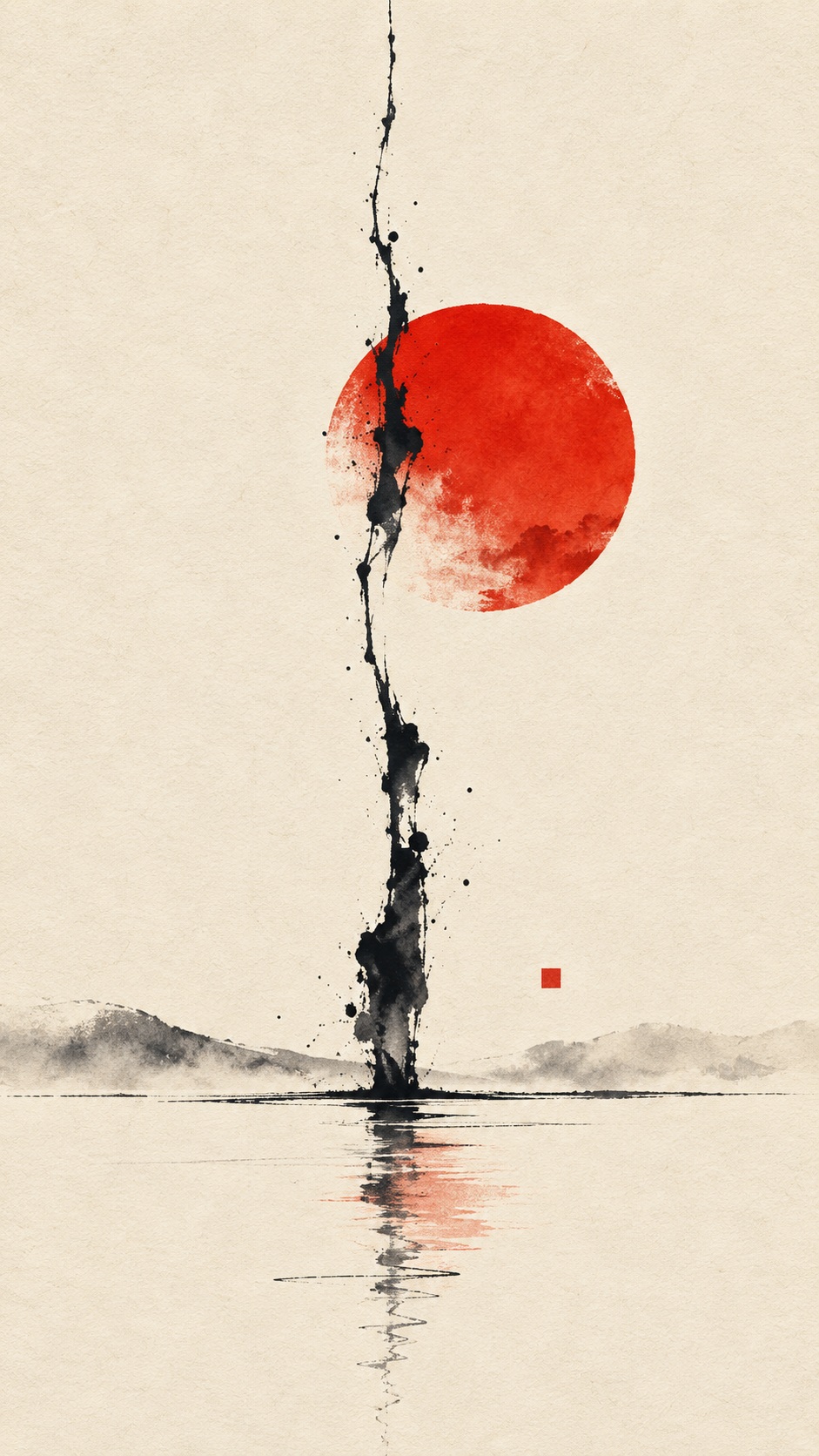 A single irregular black ink gesture and vermilion accent on empty washi paper.