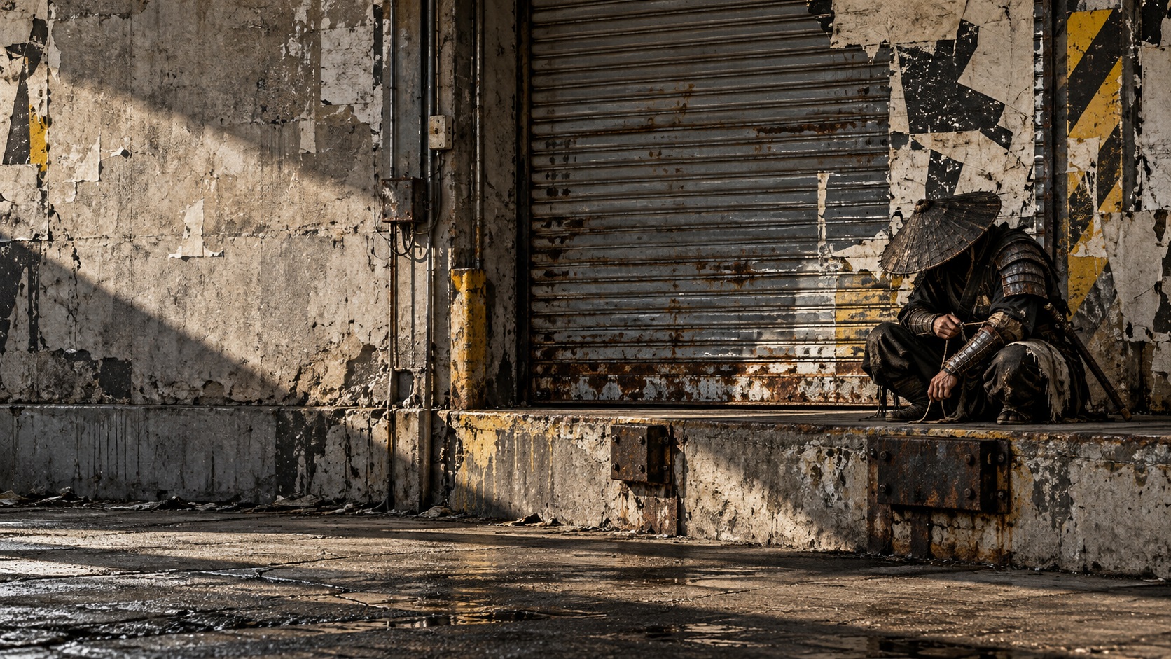 An anonymous samurai in battered armor crouches beside a dented industrial loading-bay shutter covered with torn washi, stencil marks, spray paint and worn hazard stripes.