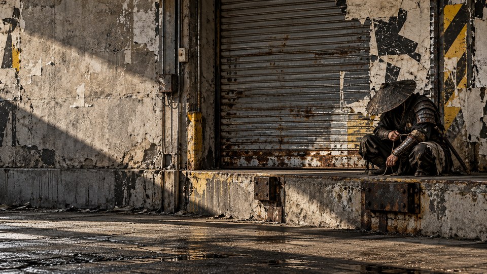 An anonymous samurai in battered armor crouches beside a dented industrial loading-bay shutter covered with torn washi, stencil marks, spray paint and worn hazard stripes.