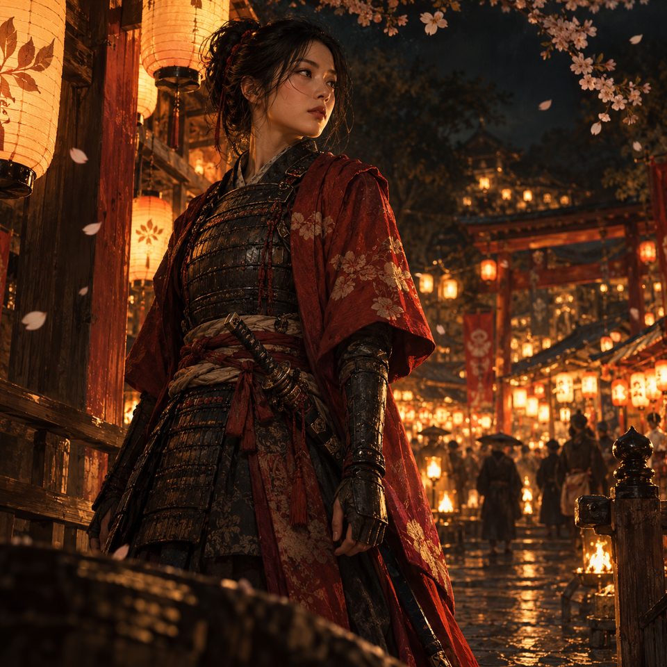 A woman warrior moving through a warm lantern festival with falling petals.