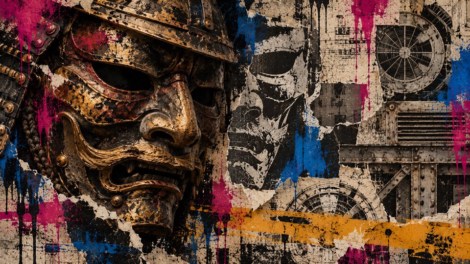 An aged samurai mask blended with mechanical screen prints, torn posters and bold paint marks.
