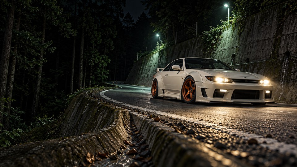 An unbranded ivory tuner coupe with orange wheels corners around a dry mountain hairpin at night beneath pale-green floodlights, with concrete walls and cedar forest behind it.