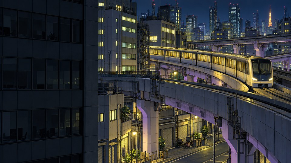 An ivory monorail curves between densely packed Tokyo office buildings at midnight, surrounded by elevated concrete tracks, yellow-lit windows and lavender-blue city lighting.