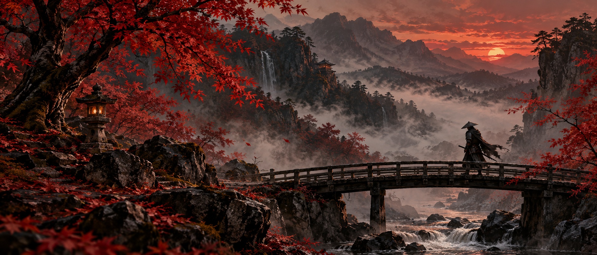 A ronin on a bridge beneath red maple leaves and a fading vermilion sky.