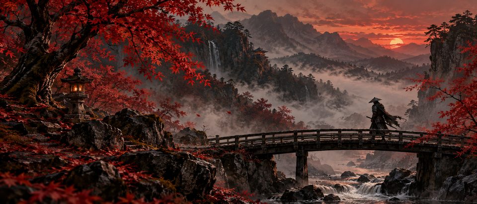 A ronin on a bridge beneath red maple leaves and a fading vermilion sky.