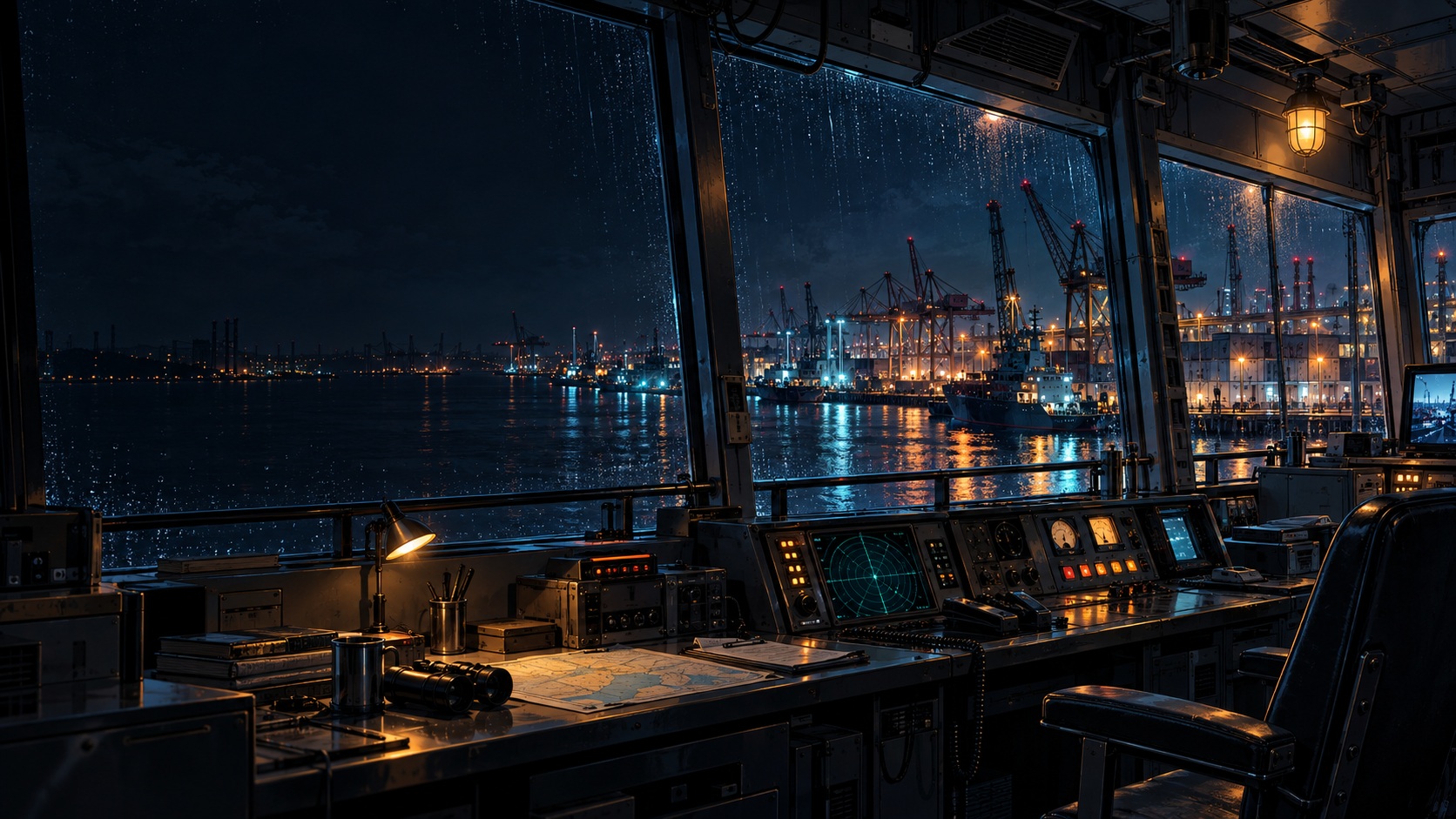 A cinematic cel-art Tokyo harbor control room at midnight with glowing control panels, rain-covered windows, cranes and industrial docks illuminated by cyan and amber lights.