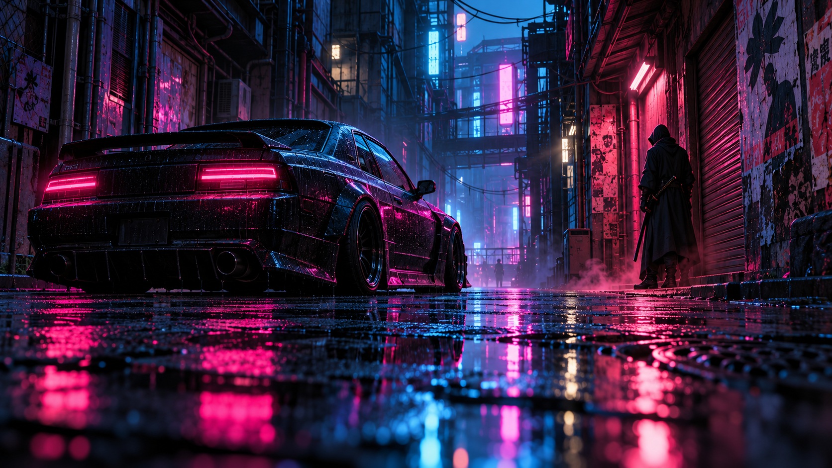 A dark coupe cutting through a rain soaked neon industrial street.