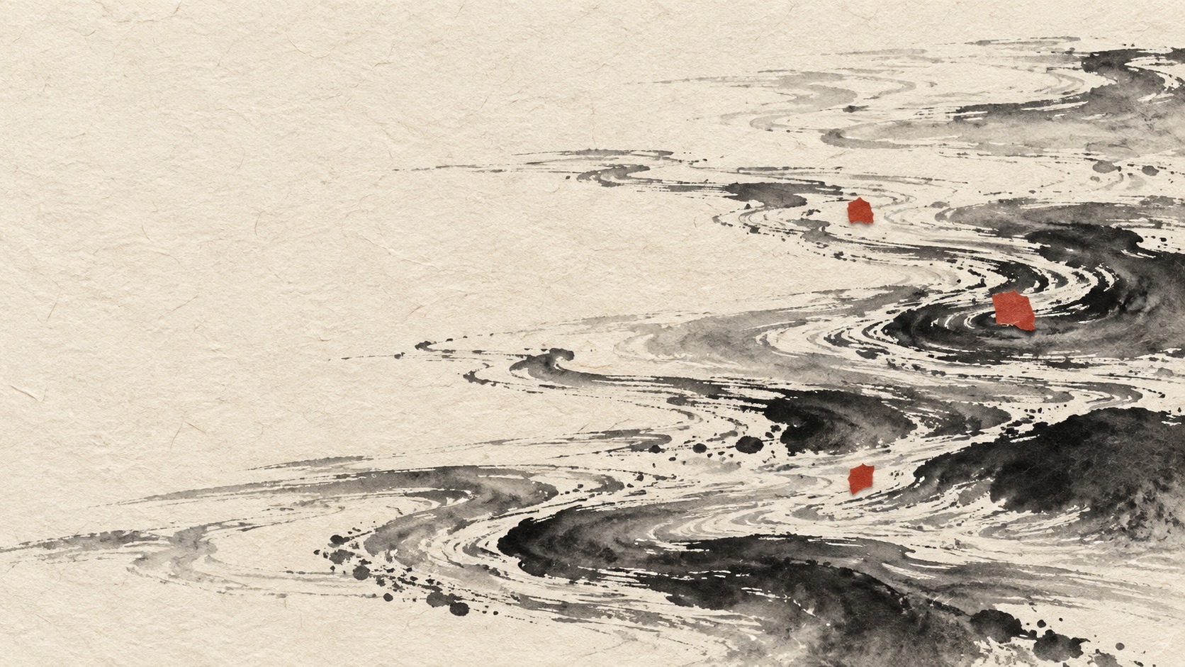 Abstract black sumi ink currents cross warm ivory washi paper with three small vermilion paper accents and broad empty space on the left.