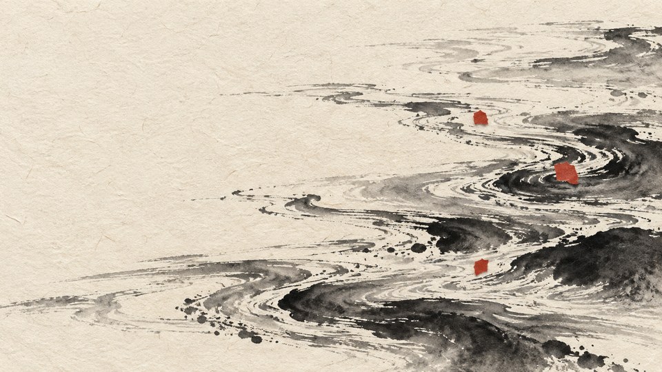 Abstract black sumi ink currents cross warm ivory washi paper with three small vermilion paper accents and broad empty space on the left.