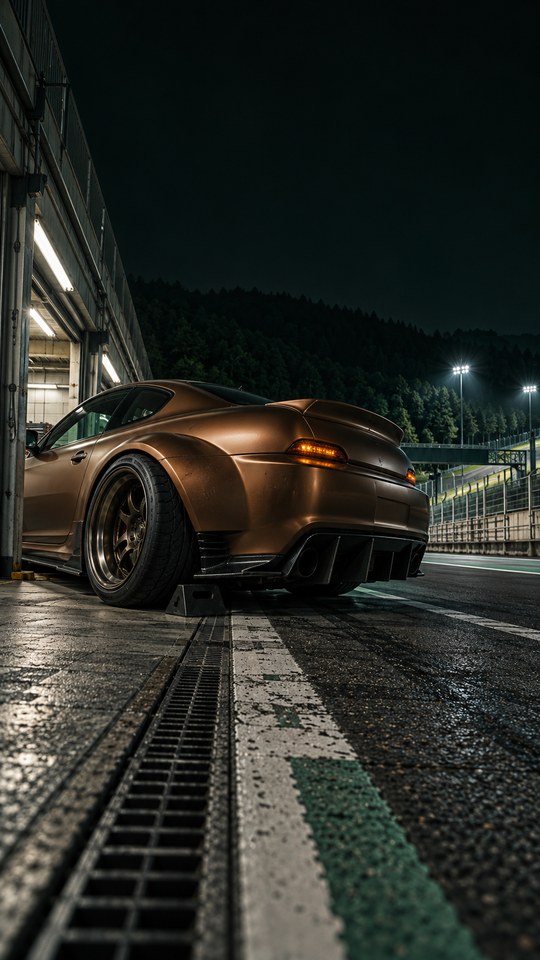 A matte bronze unbranded Japanese tuner coupe sits at a deserted racetrack pit exit at night, photographed low beside its rear wheel under white garage lights.