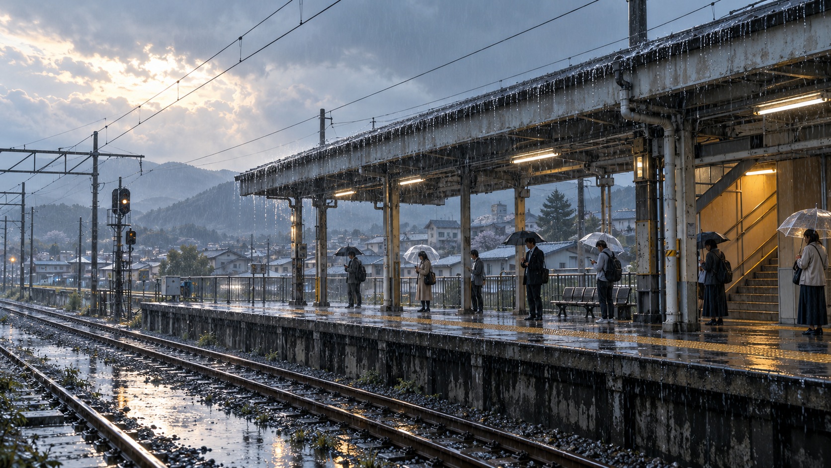 Rain falls across wet railway tracks toward a Japanese commuter platform where passengers wait beneath umbrellas under a concrete canopy.