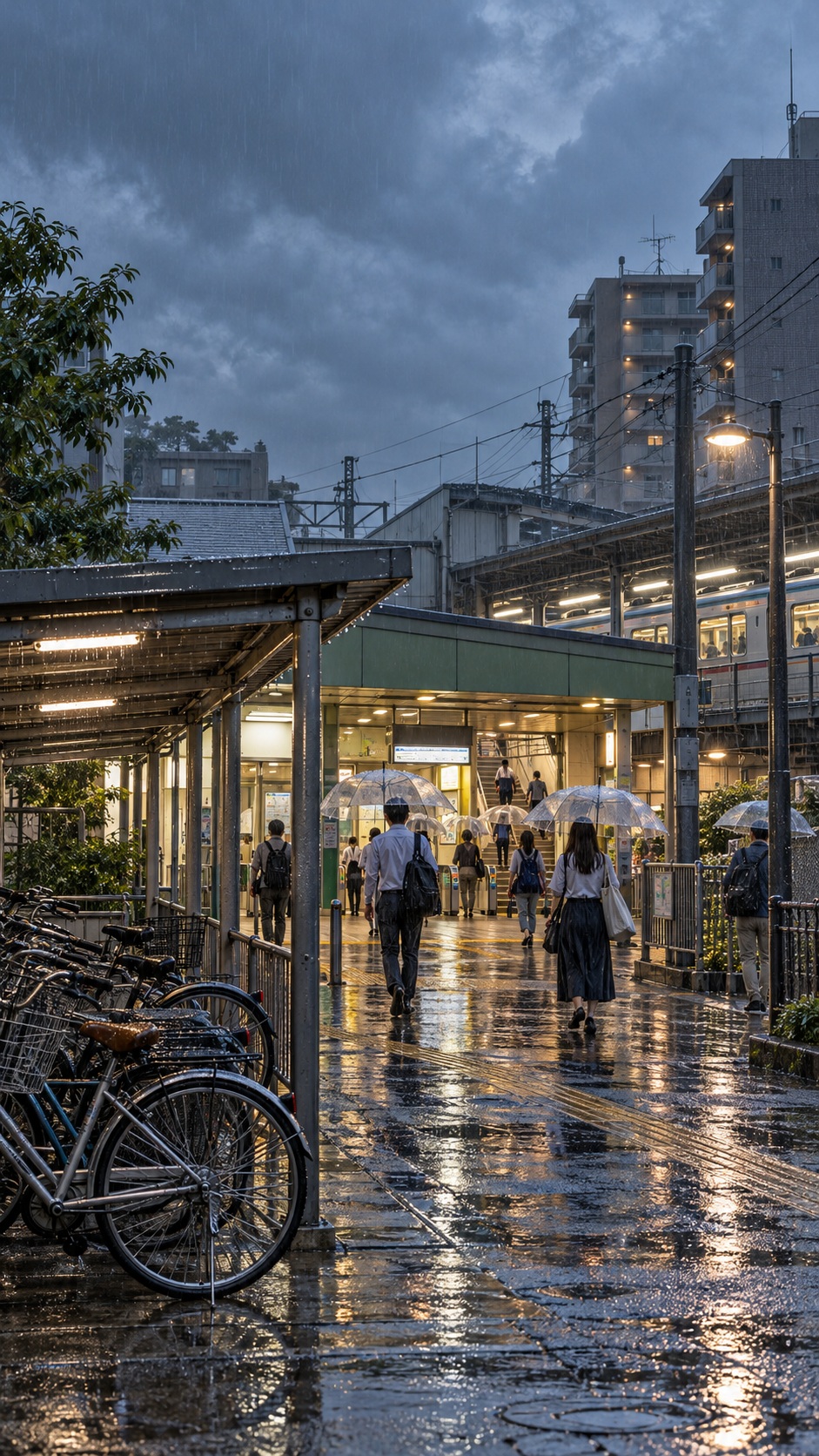 A rainy Japanese neighborhood station entrance with bicycles, commuters holding umbrellas, wet pavement and warm station lights reflecting through a summer storm.