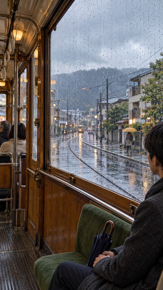 Inside a Japanese streetcar on a rainy morning, a seated commuter holds a folded navy umbrella beside a raindrop-covered window overlooking wet tram tracks and neighborhood buildings.