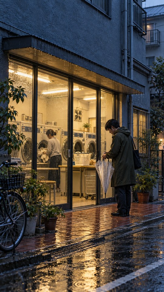 Rainy evening outside a small Japanese neighborhood laundromat, where a resident closes a transparent umbrella beside wet terracotta sidewalk tiles and another person handles laundry inside under warm fluorescent lights.