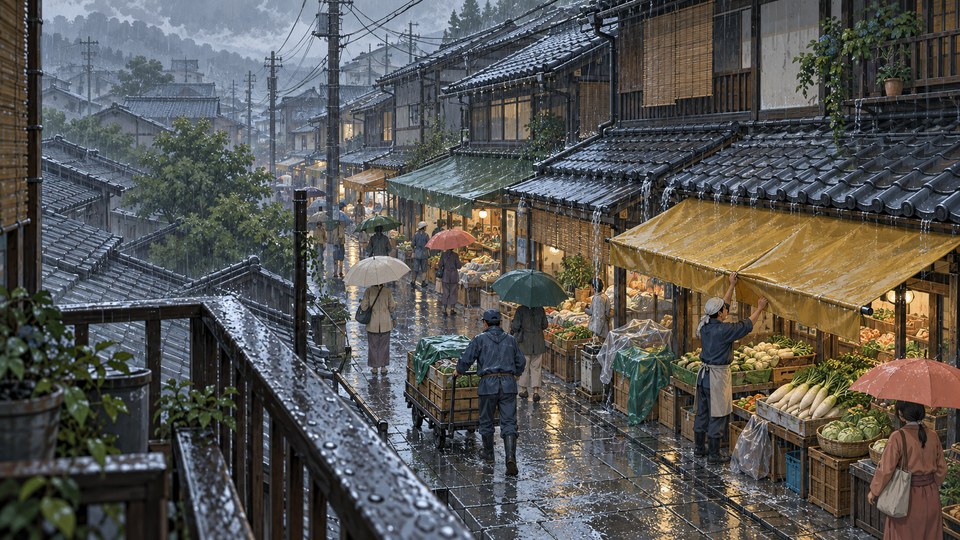 Hand-painted view from an elevated balcony over a rainy Kyoto neighborhood market, with umbrella-carrying shoppers, vegetable stalls, tiled roofs and wet wooden storefronts.
