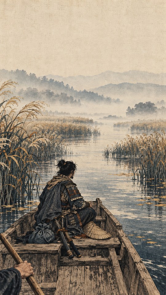 A traveling ronin sits in a narrow wooden ferry among tall river reeds at misty dawn, with sheathed swords, a straw hat and travel bundle beside him.